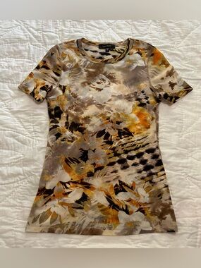 Karen Kane Mesh Shirt Top Womens L Abstract Floral Fitted Coastal Aunt Festival